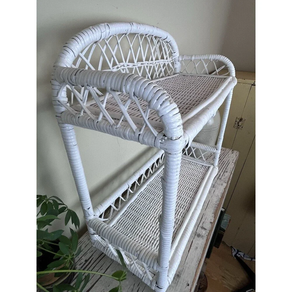 Vintage White Woven Wicker Two Tiered French Style Shelf 18”x18” Retro Boho